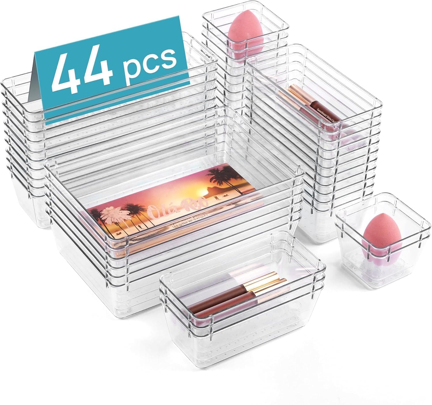 Vtopmart 44 Pieces Clear Plastic Drawer Storage Bins 4 Sizes for Makeup Utensils Jewelry Bathroom Objects Kitchen Utensils
