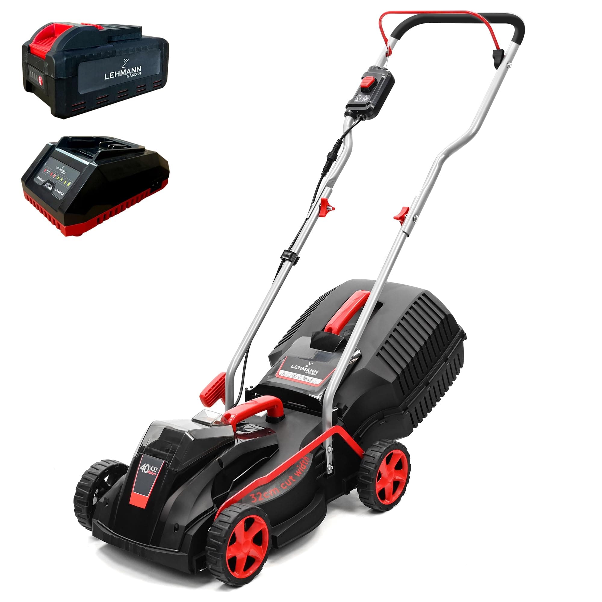 LEHMANN Tosaerba a Batteria 40V, fino a 250 m², Larghezza Taglio 32 cm, 30 L Cestello Raccoglierba, Altezza di Taglio 20-60 mm, Motore Induzione, con Batteria 4,0 Ah + Caricabatterie, Nero/Rosso