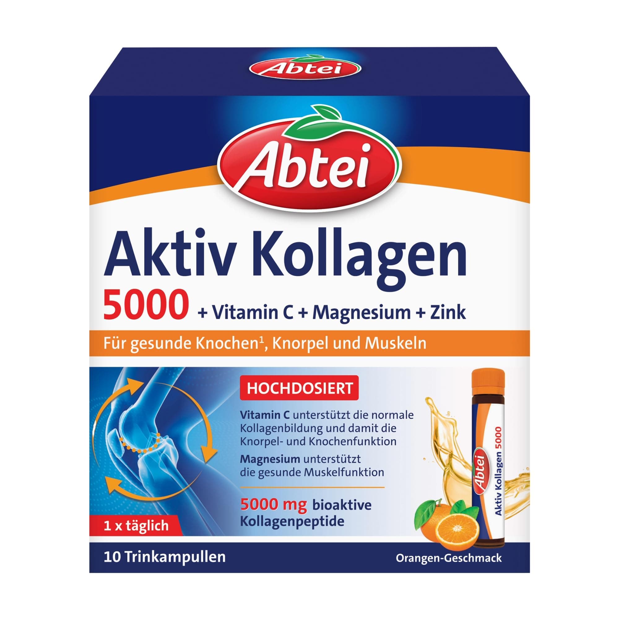 Abtei Aktiv Kollagen 5000 - Für gesunde Knochen, Knorpel und Muskeln - mit Vitamin C, Magnesium und Zink – laborgeprüft und zuckerfrei - 1 x 10 Trinkampullen à 25 ml