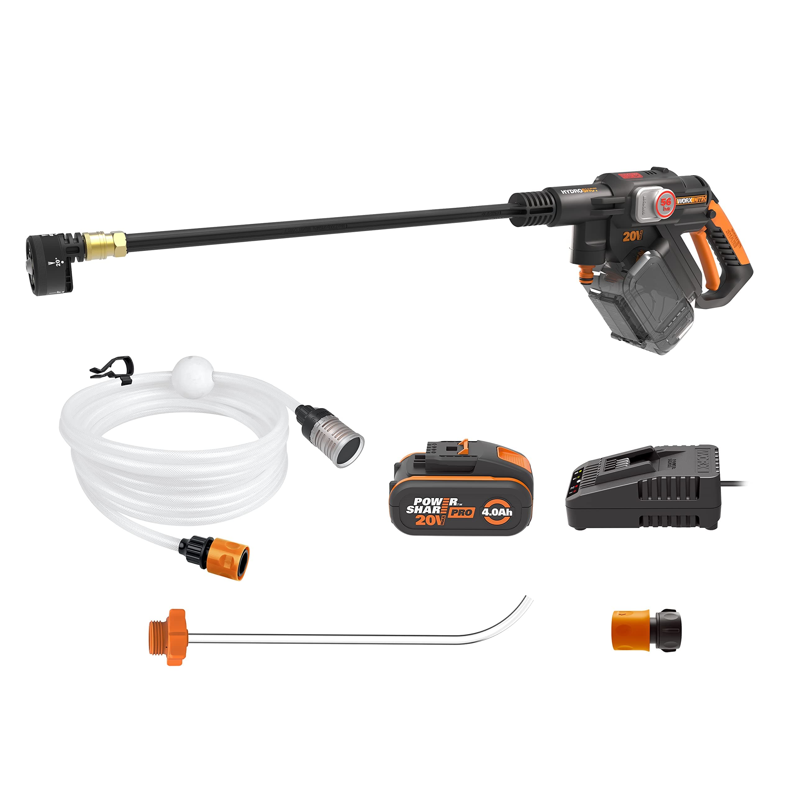 WORX Nettoyeur Haute Pression sans Fil Brushless 20V Hydroshot WG633E, Outil Mobile sans raccord d'eau Fixe, livré ave 1 Batterie 4Ah, Chargeur, Tuyau 6m, Lance Longue, buse à Jets Multiples