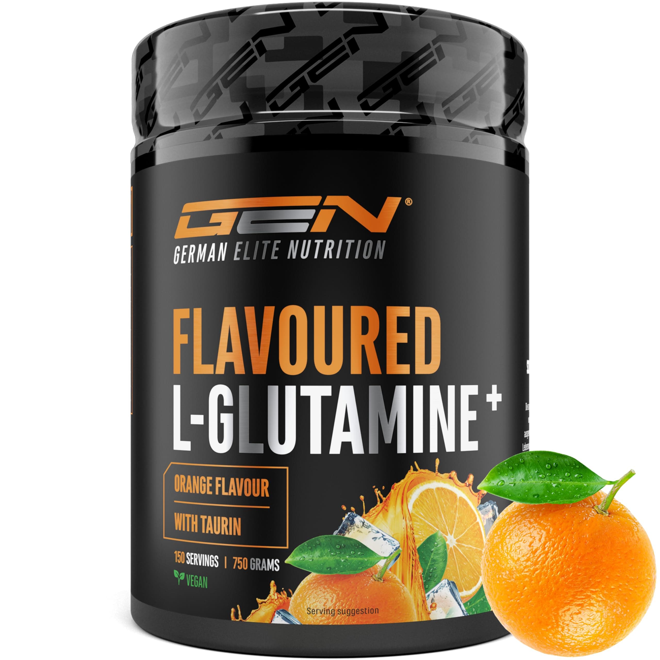 Flavoured L-Glutamin Pulver - 750 g - Ultrafeines L-Glutamine mit extra Taurin - Micronized Glutamin mit Geschmack - Ohne Zucker & Top Löslichkeit - Vegan (Orange)