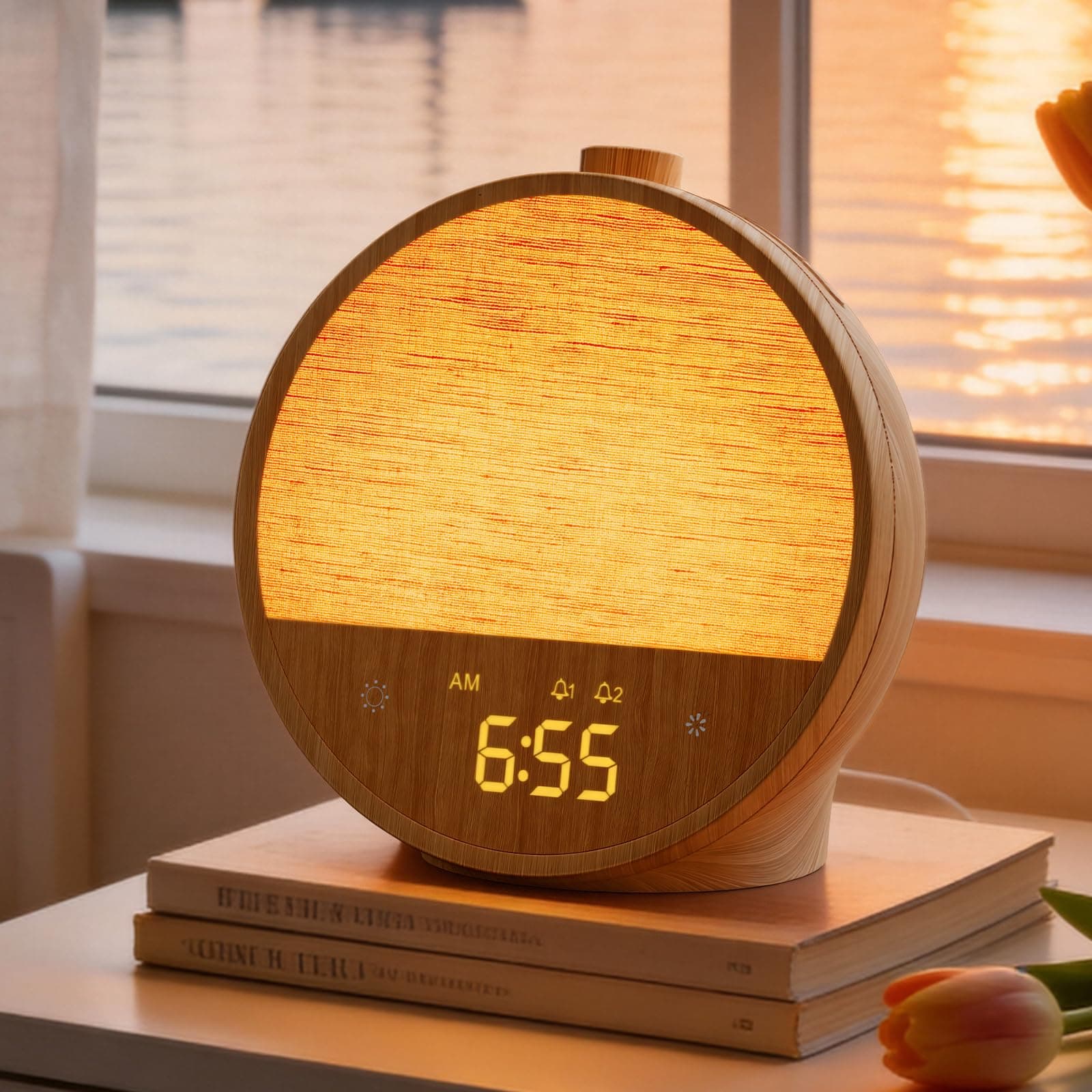 blonbar - Despertador con luz y simulación de amanecer, lámpara de cabecera con 10 sonidos naturales y 10 sonidos blancos, lámpara de mesa con luz ambiente RGB, despertador suave para dormitorio