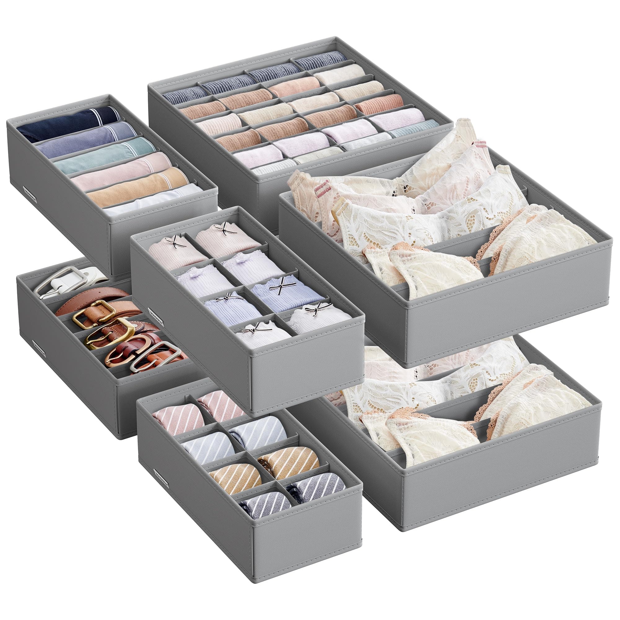 SONGMICS Unterwäsche-Organizer 8er Set, Schubladen-Organizer faltbar, Ordnungssystem Kleiderschrank, Aufbewahrungsbox Schrank, Stoffboxen Aufbewahrung, für BHs Socken Krawatten, taubengrau RUS008G01