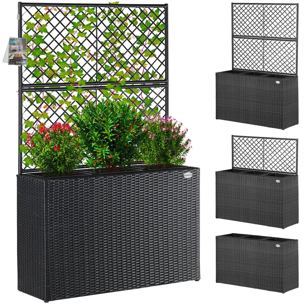 Casaria® Blumenkasten Rankgitter 3 Innentöpfe Polyrattangeflecht Rankhilfe Blumentopf Rattanoptik Pflanzkasten Schwarz