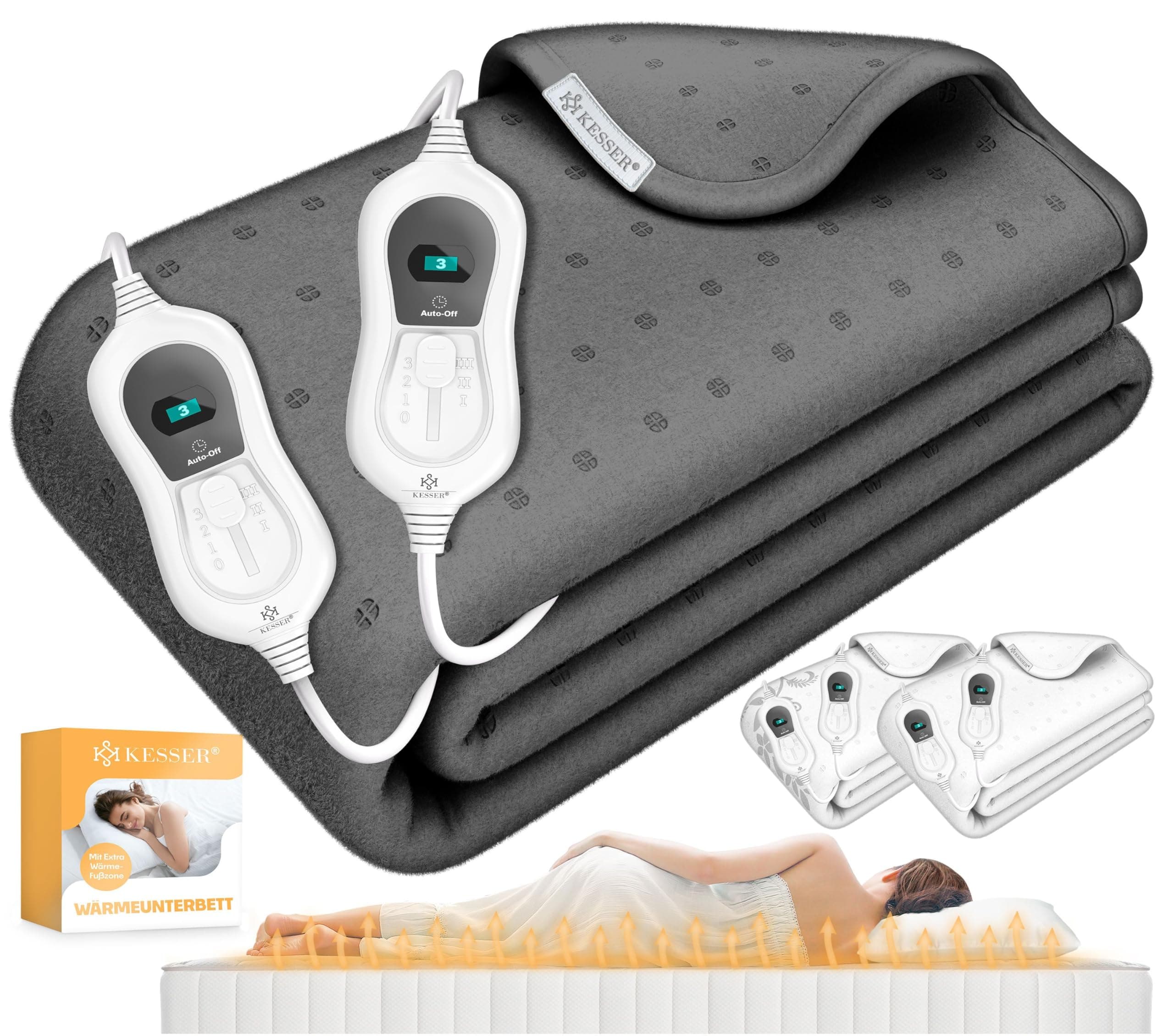 KESSER® Doppel-Wärmeunterbett 160x140cm mit Abschaltautomatik 2 Temperaturzonen Fernbedienung | Heizdecke mit 3 Temperaturstufen | Wärmebettunterlage fürs Bett | Wärmedecke aus weichem Vlies Anthrazit
