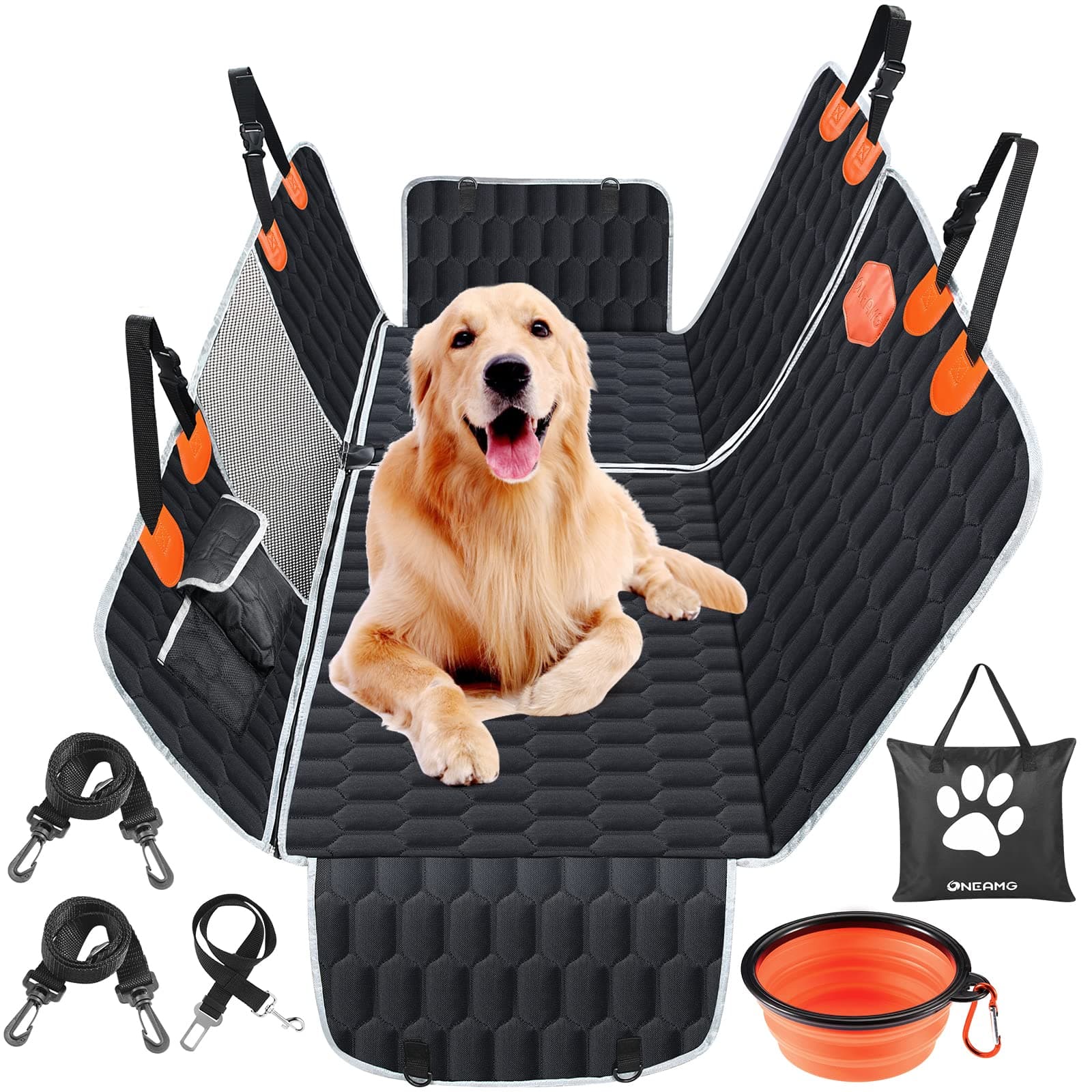 OneAmg Funda Coche Perro Protector Coche Perros Asiento Trasero con Ventana de Malla Visible, Bolsillo, Protección Lateral y Cinturón de Seguridad Robusto, Impermeable y Resistente a Los Arañazos