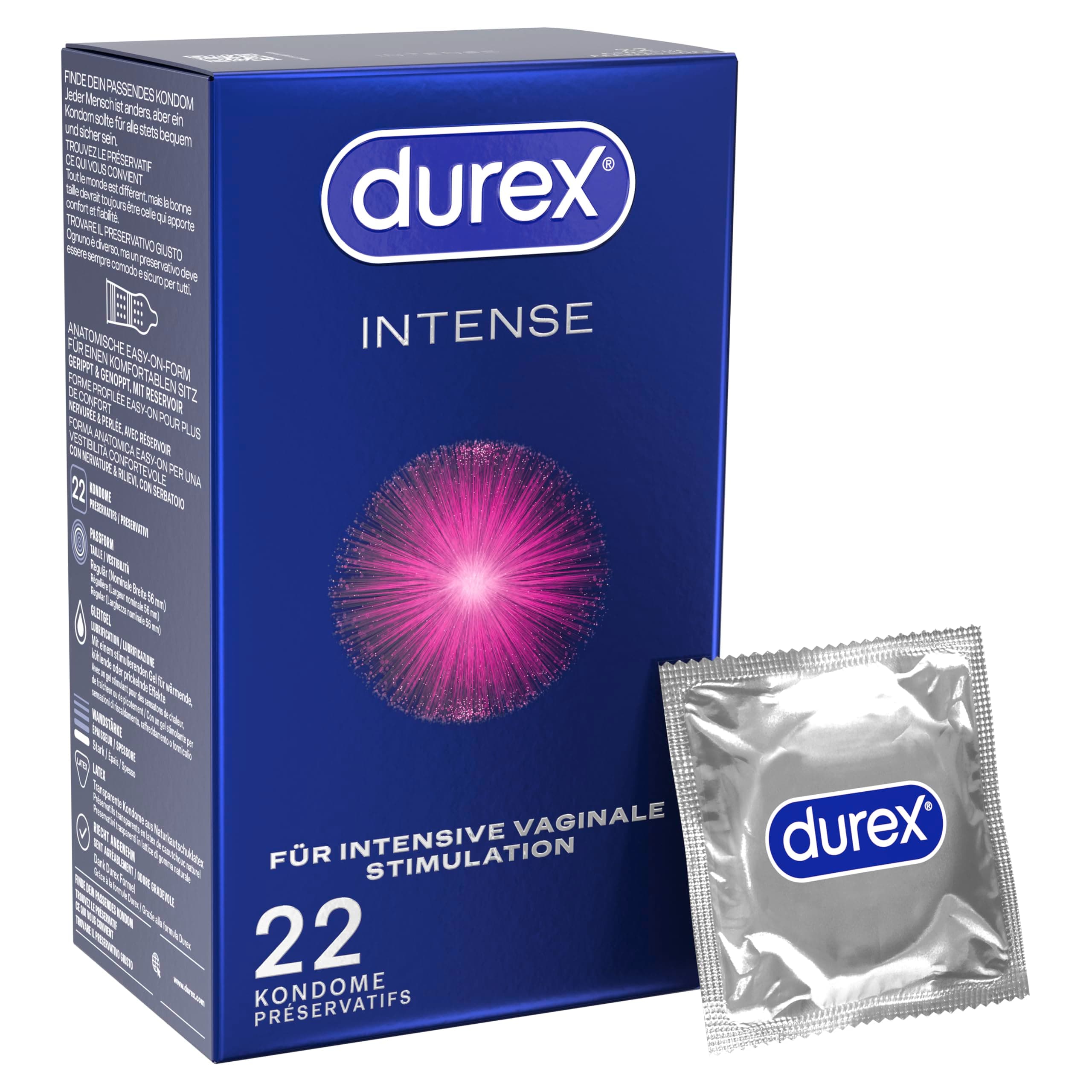 Durex Intense Kondome – Mit Noppen, Rippen & mit Desirex-Gel befeuchtet – Perfekter Sitz & leichtes Abrollen – 22 Kondome (1er Pack)