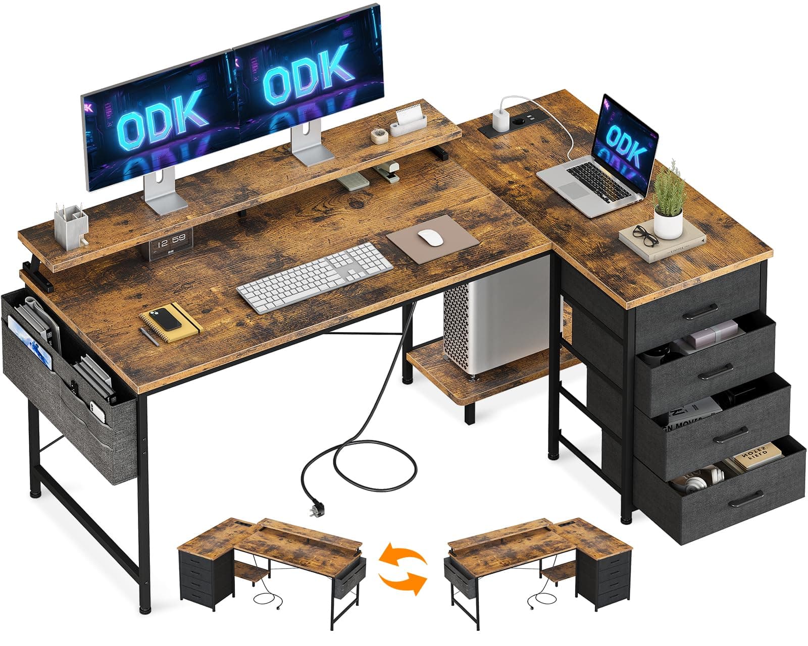 ODK Bureau d'angle, Bureau en L avec 2 Prise de Charge USB et 2 Prise de Courant, Table Informatique Réversible avec 4 Tiroirs et Tablette pour écran Table pour Domicile, Marron,160x80x84.7cm