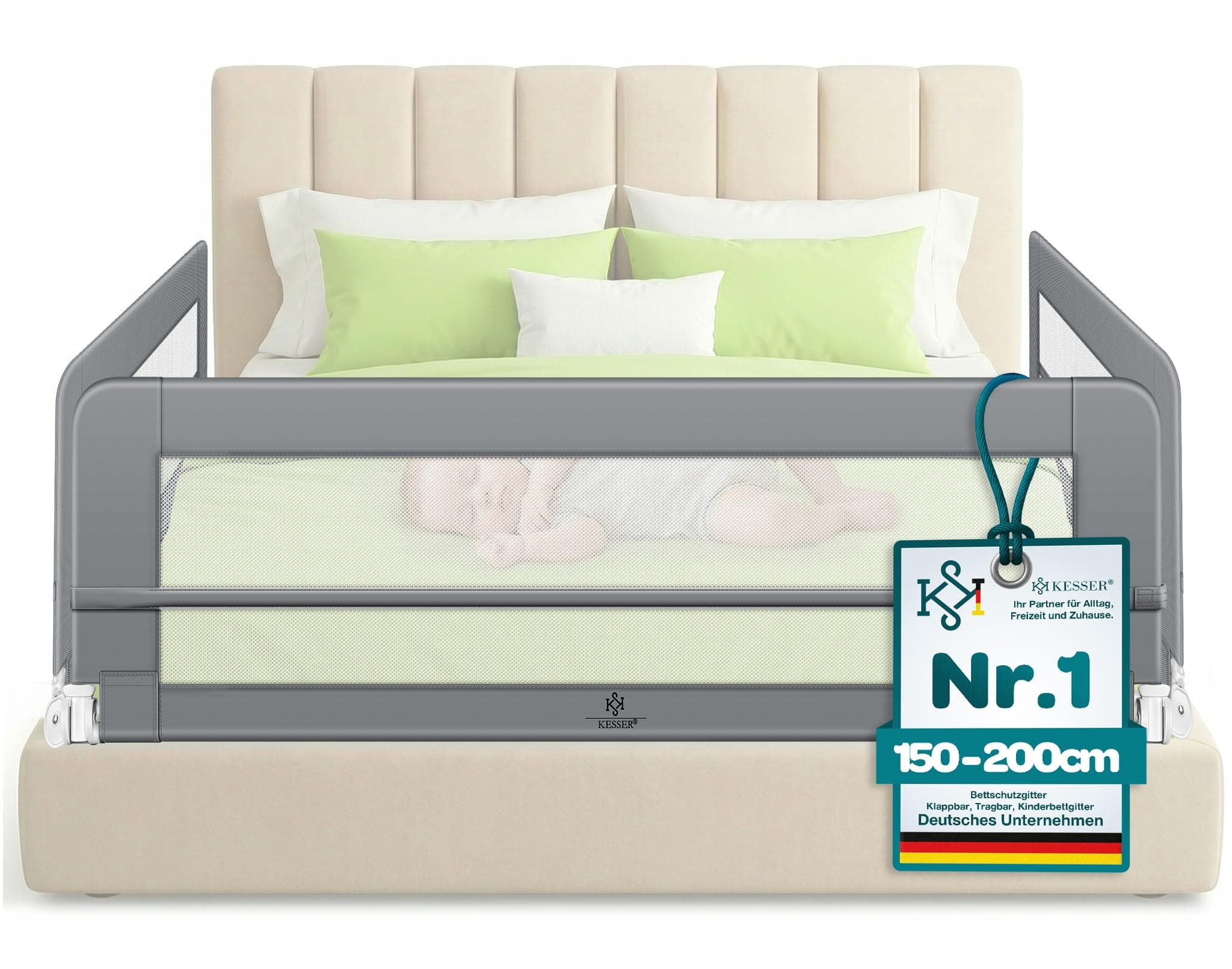 KESSER® Bettgitter 150 cm Bettschutzgitter Kinderbettgitter für Kinder Babybettgitter Klappbar, Tragbar, Kinderbett Kinderbettschutzgitter Rausfallschutz, Bett & Elternbett hoch: 42 cm, Hellgrau